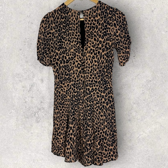 Reformation Leopard Print Gracie Dress Size 12 Ruched Short Sleeves Boho Mini - Picture 6 of 16